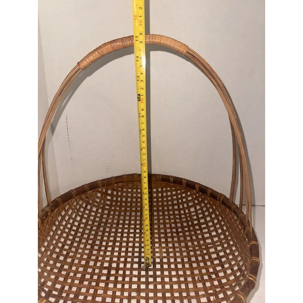 Vintage Handwoven Reed Appalachian Basket Open Lattice Weave Double Handle 16”
